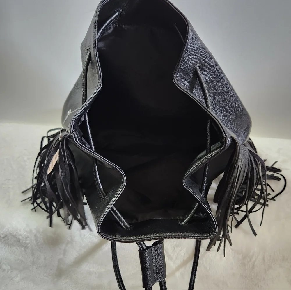 Victoria's Secret VS Black Faux Leather Western Boho Fringe Backpack NWT